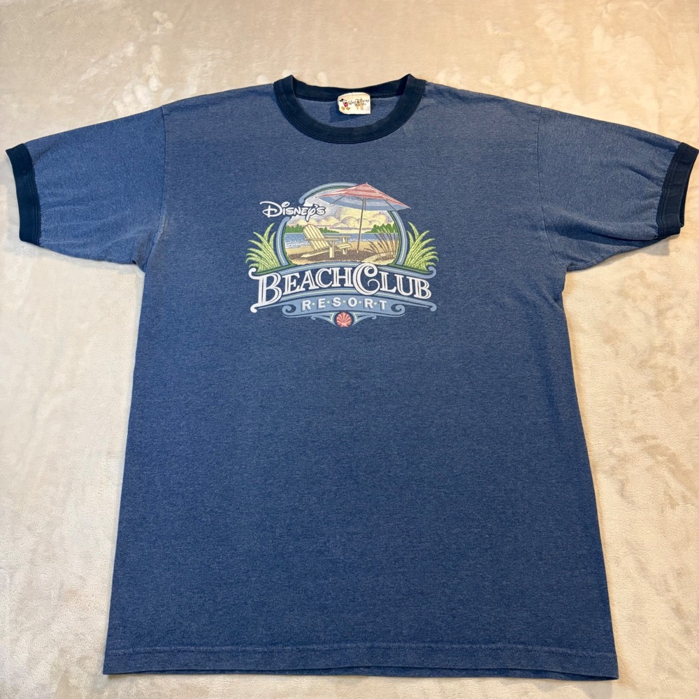 Vintage Walt Disney World Beach Club Resort Ringer T-Shirt Blue Mens Large
